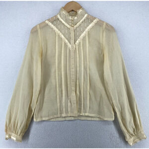 JESSICAS GUNNIES Top S Pleated Lace Trim Blouse High Neck Button Up Ivory VTG 80